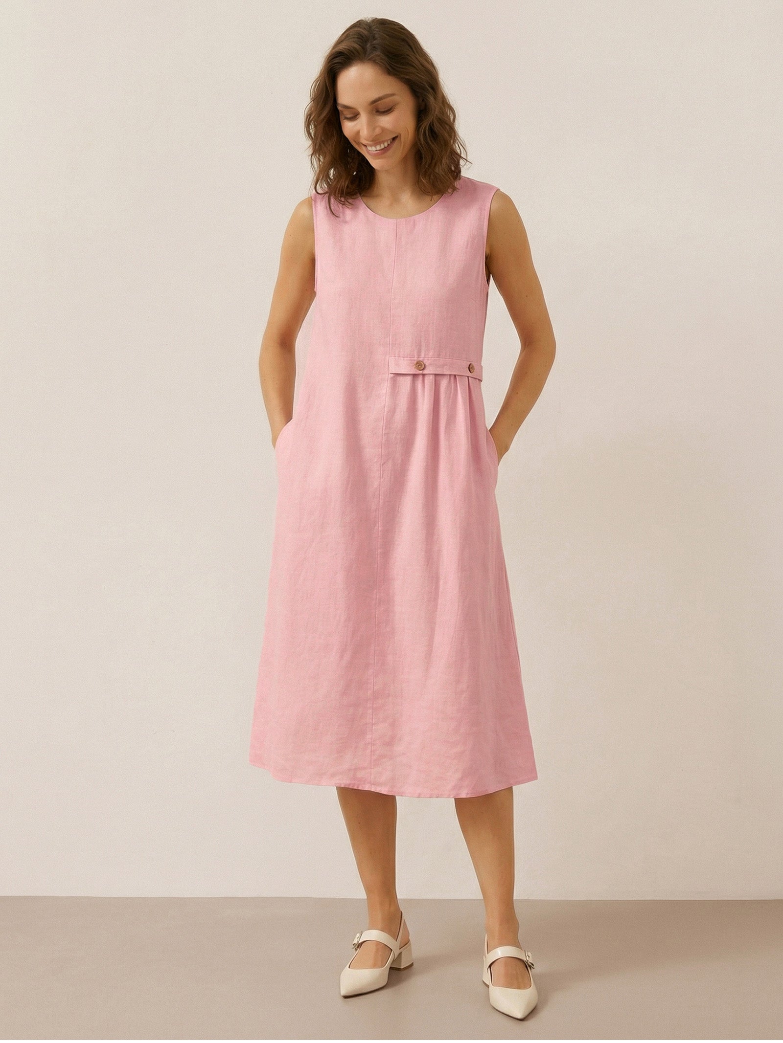 Elisabeth - Vestido midi sin mangas clásico con pliegues.