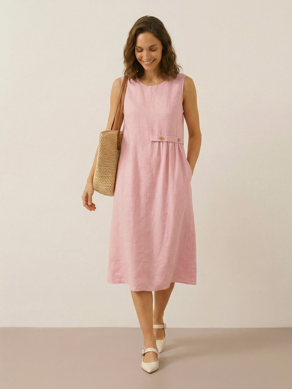 Elisabeth - Vestido midi sin mangas clásico con pliegues.