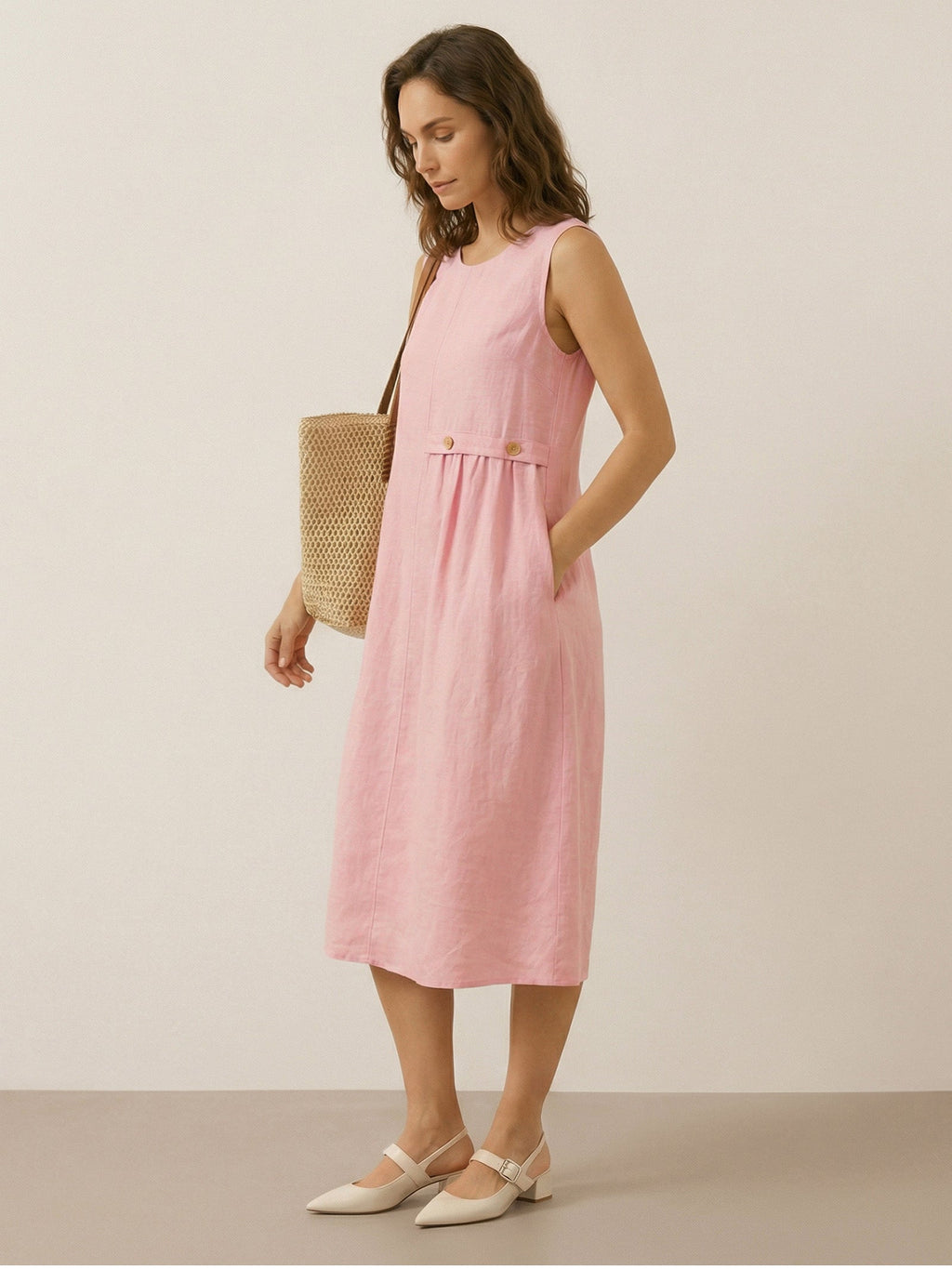 Elisabeth - Vestido midi sin mangas clásico con pliegues.