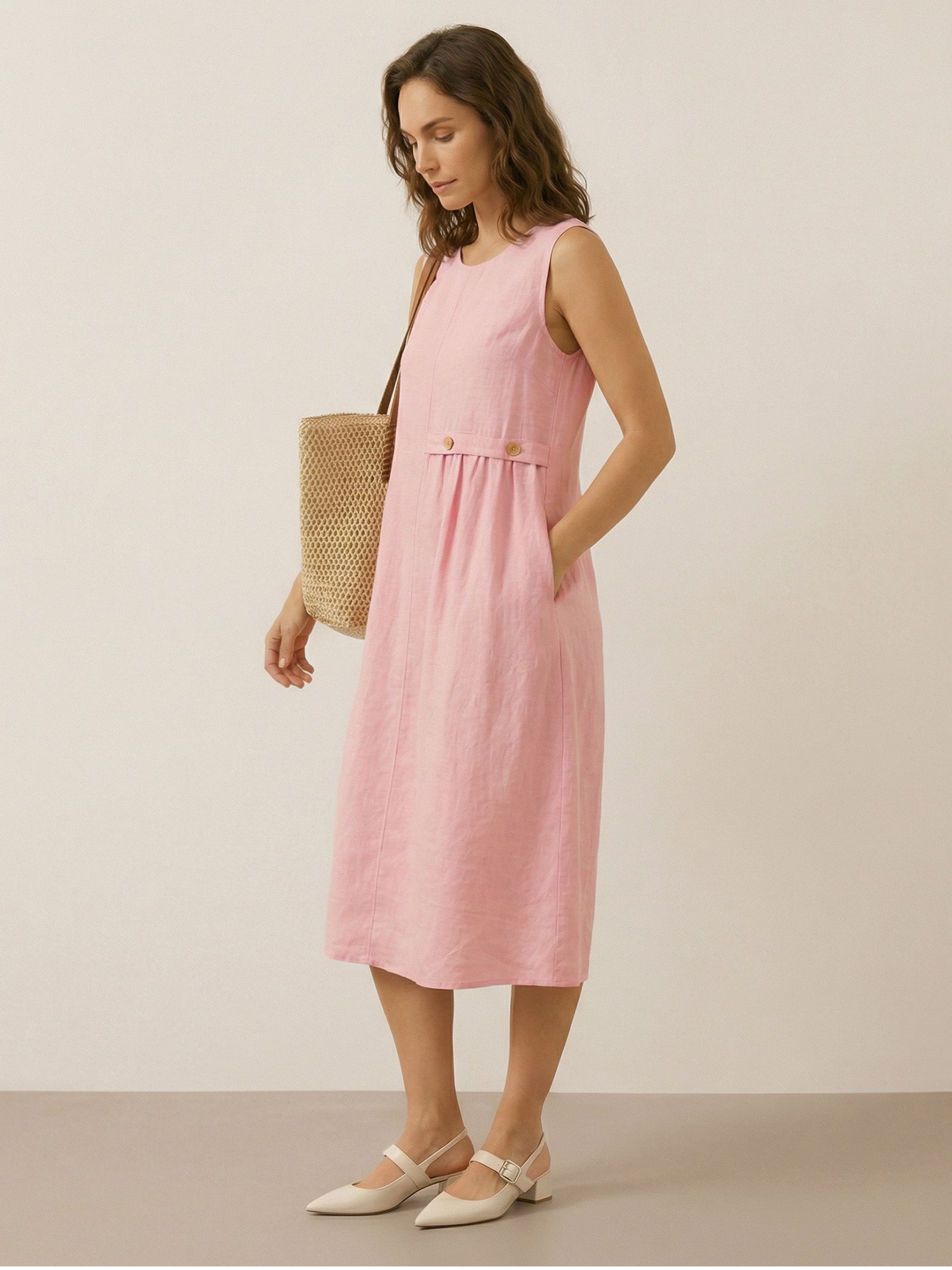 Elisabeth - Vestido midi sin mangas clásico con pliegues.