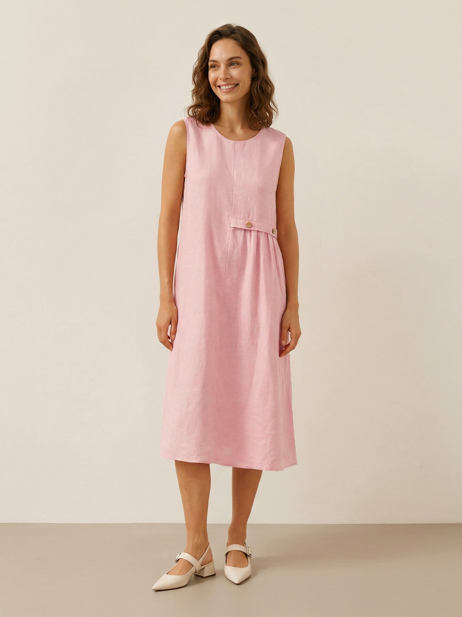 Elisabeth - Vestido midi sin mangas clásico con pliegues.