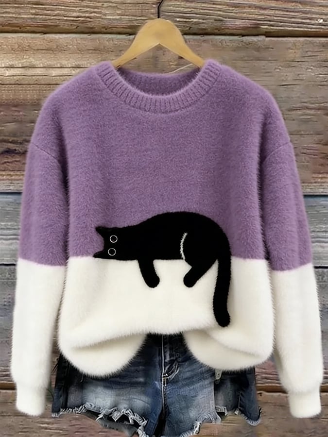 Catlin – Suéter Oversize informal Bicolor con estampado de gato