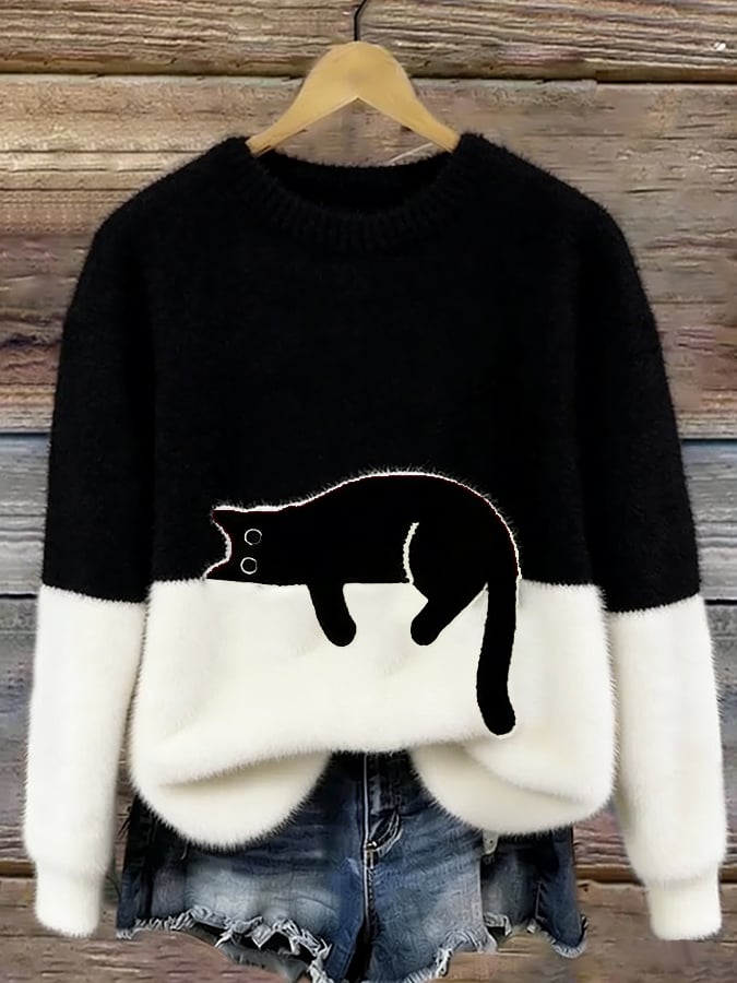 Catlin – Suéter Oversize informal Bicolor con estampado de gato