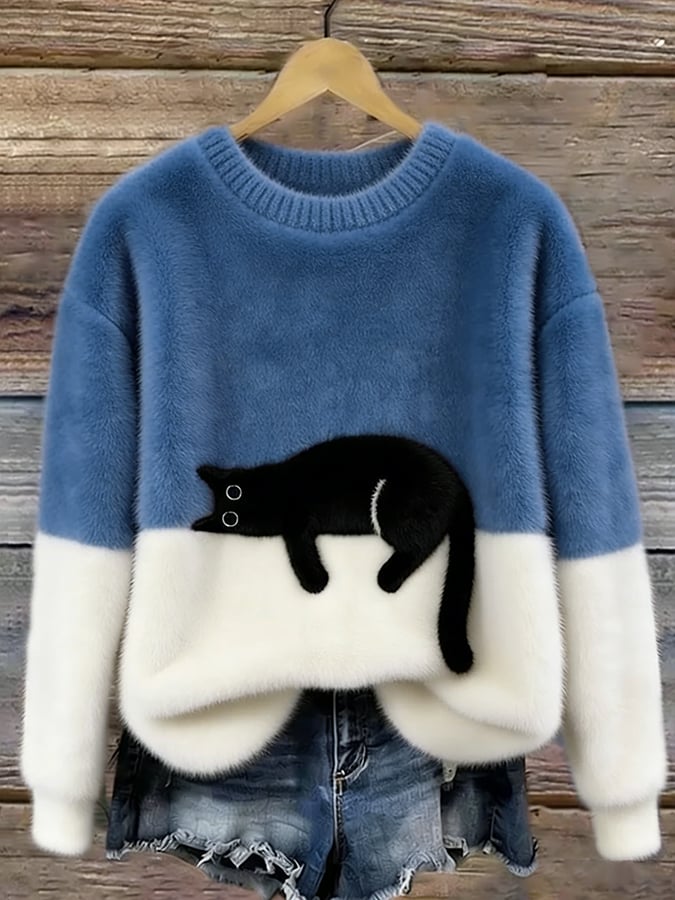 Catlin – Suéter Oversize informal Bicolor con estampado de gato