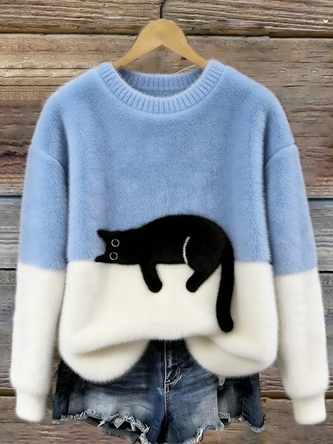 Catlin – Suéter Oversize informal Bicolor con estampado de gato