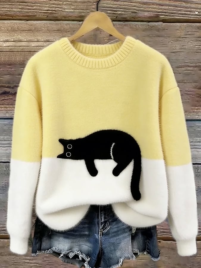 Catlin – Suéter Oversize informal Bicolor con estampado de gato
