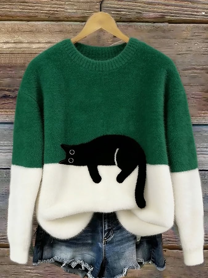 Catlin – Suéter Oversize informal Bicolor con estampado de gato