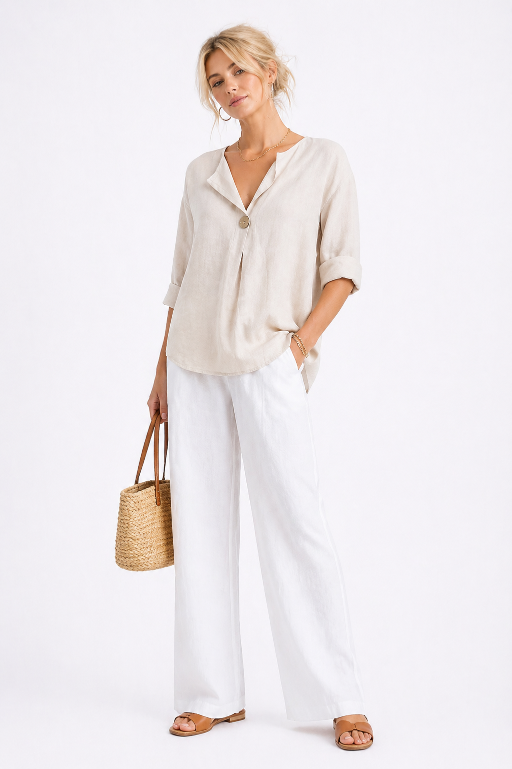 Blusa LinenSoft™ casual elegante de caída ligera y estilo premium