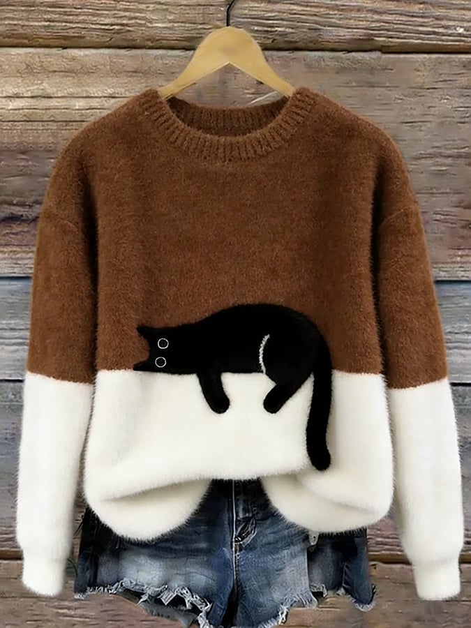 Catlin – Suéter Oversize informal Bicolor con estampado de gato