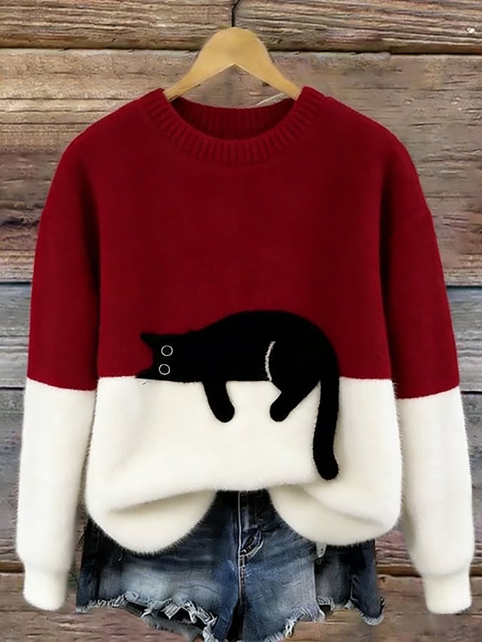 Catlin – Suéter Oversize informal Bicolor con estampado de gato