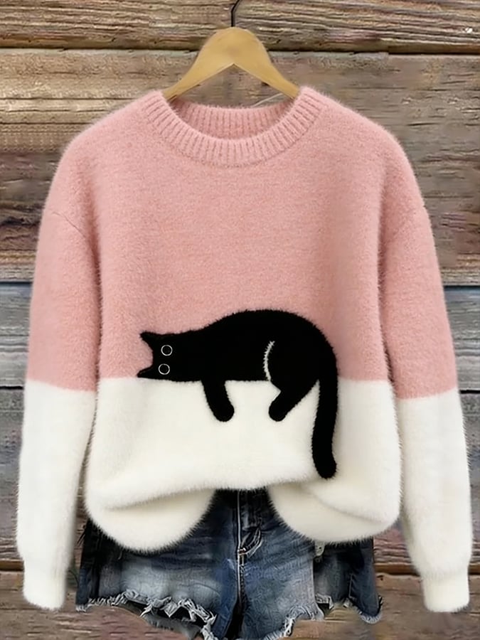 Catlin – Suéter Oversize informal Bicolor con estampado de gato