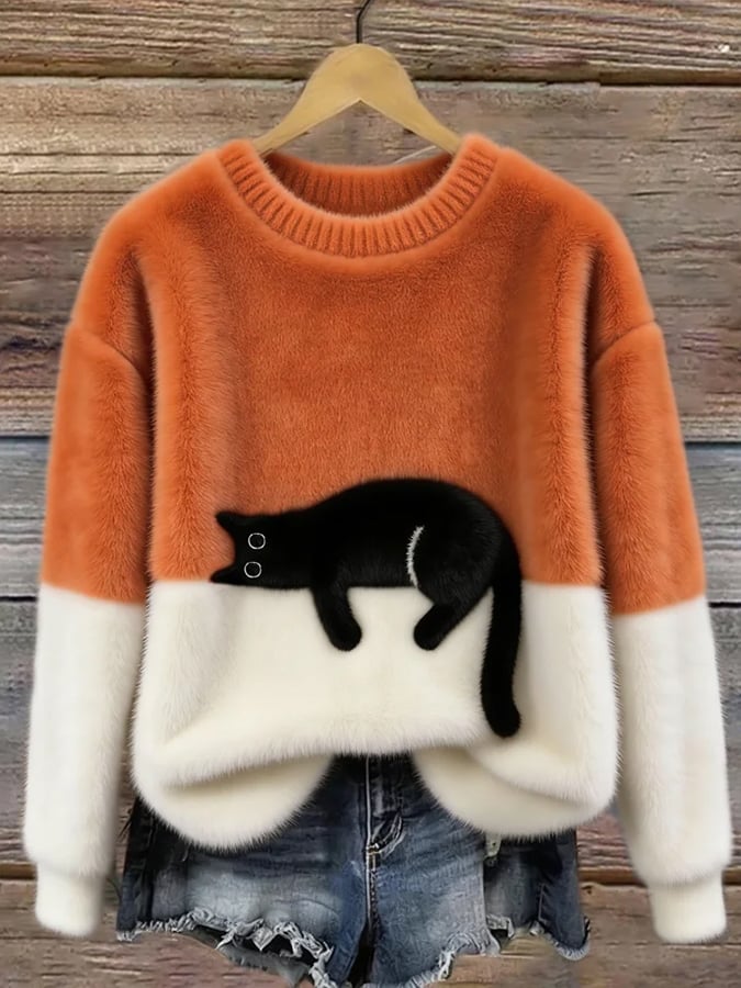 Catlin – Suéter Oversize informal Bicolor con estampado de gato
